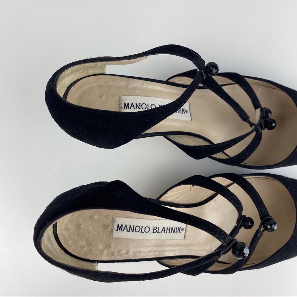 Manolo Blahnik Black Suede Ankle Strap Pumps - Picture 8 of 10